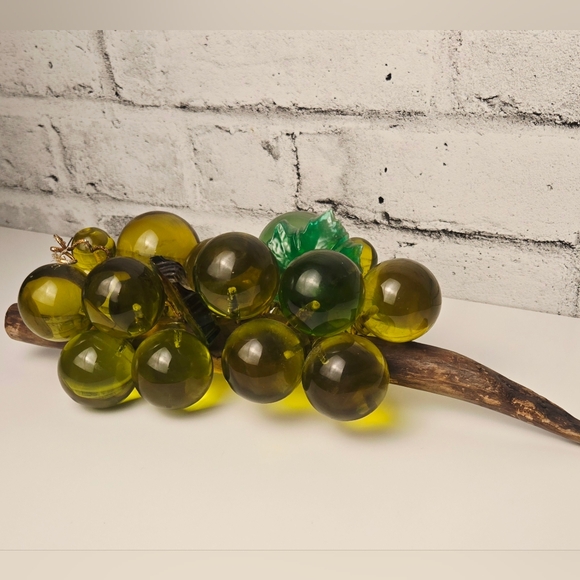 Vintage Green Glass Grape Cluster Sculpture on Wood Stem 13.5” - Picture 5 of 15